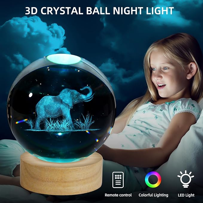 3D Crystal Ball Night Light, 3.15 Inch Glass Ball Lamp with 16 Color LED Wooden Base, Elephant Lamp Decor for Birthday, Holiday, Christmas Gifts