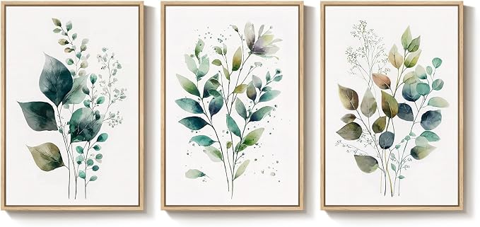 Framed Green Botanical Wall Art for Living Room, 3 Piece Neutral Minimalist Watercolor Leaf Canvas Painting Prints, Modern Farmhouse Boho Sage Green Plant Artwork for Bedroom Kitchen Wall Decor