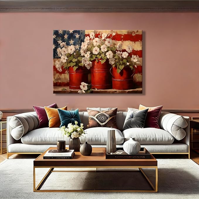 Rustic 4th of July Patriotic Flower Pots Canvas Wall Art – Large Framed US Flag Poster Painting, Independence Day Wall Decor for Living Room Bedroom or Holiday Celebrations