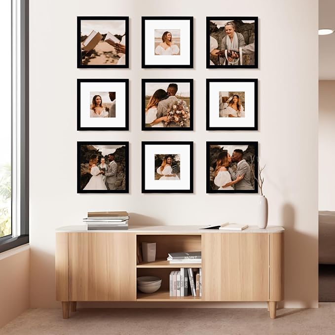 12x12 Picture Frame Set of 9, Display Pictures 8x8 with Mat or 12x12 without Mat, Multi Collage Gallery Square Photo Frames for Wall or Tabletop, Black