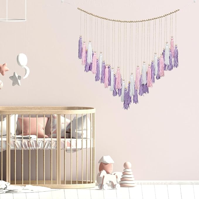 Luxbrand Pink & Purple Macrame Hanging Boho Wall décor, Large Tassel Wall Hanging with Wood Beads, Purple Wall Decor for Bedroom Living Room Girls Room Nursery, 41" W x 32" H