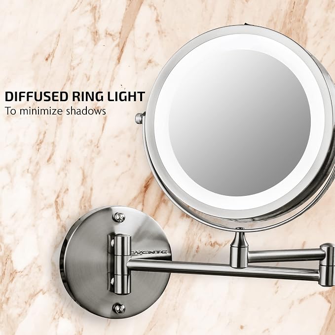 OVENTE 7" Wall Mounted Lighted Makeup Mirror, Nickel Brushed MFW70BR1X7X | Cordless Double Sided 1X/7X Magnifying Mirror for Bathroom with LED Lights, 360° Rotation, Extendable Arm, Battery Operated
