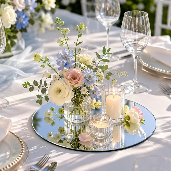 12 Pack Acrylic Round Mirrors Centerpiece for Table 8inch Circle Mirror Plate Candle Mirror Trays for Wedding Table Centerpieces Craft DIY Flowers Vase Decorations