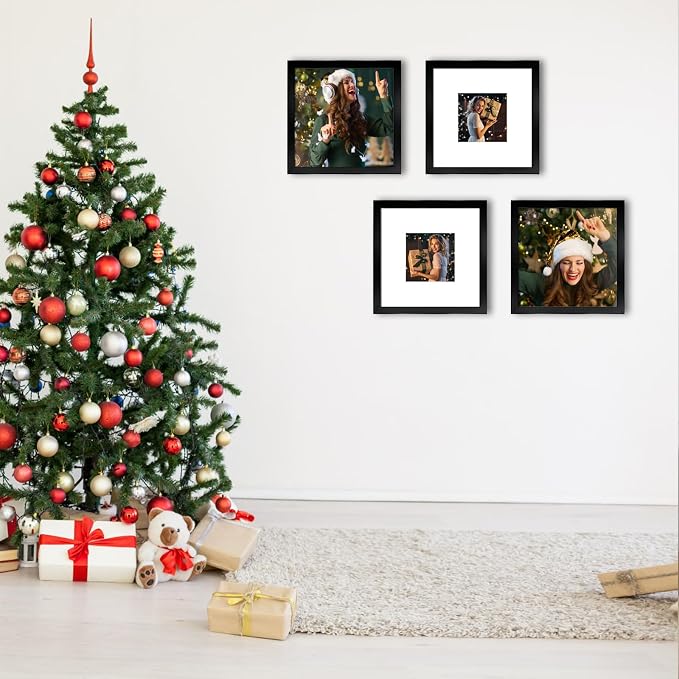 8x8 Picture Frame Set of 9, Display Pictures 4x4 with Mat or 8x8 without Mat, Multi Collage Gallery Square Photo Frames for Wall or Tabletop, Black