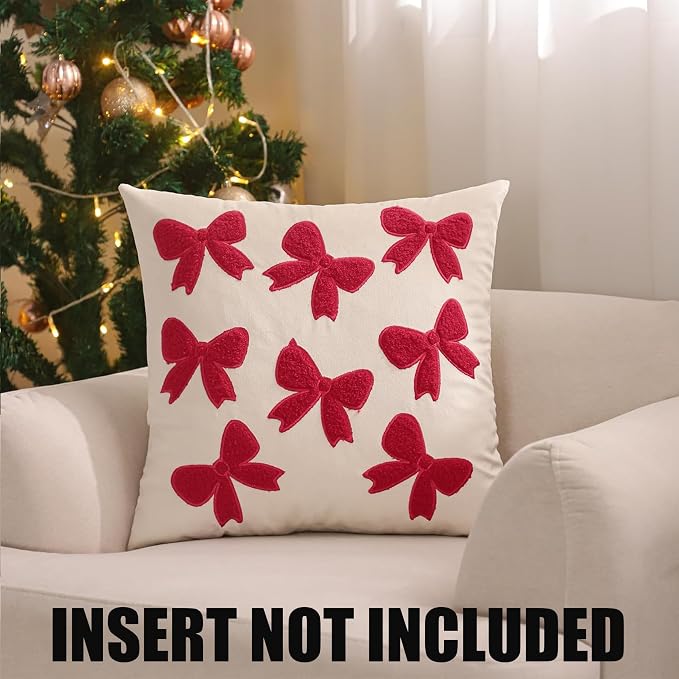 Christmas Throw Pillow Covers 18x18 inch Set of 2 Red Bows