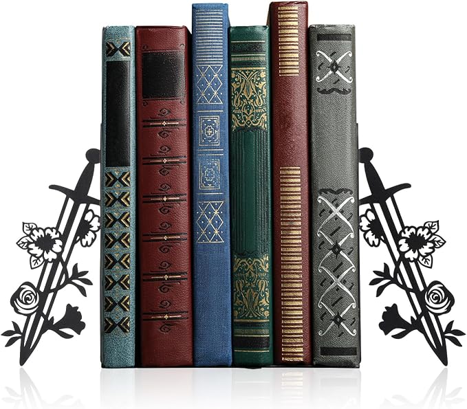 Geelin Metal Bookends Set of 2, Sword and Rose Design for Shelves