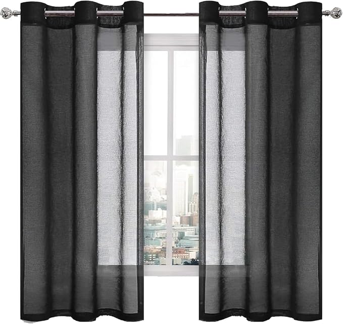 DWCN Black Sheer Curtains for Living Room Bedroom and Funeral/Gothic Wedding - Faux Linen Look Voile Drapes Grommet Top Window Curtain Panel 42 x 54 Inch Length, Set of 2