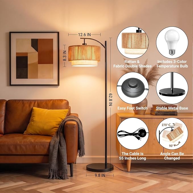TJOY Arc Floor Lamp for Living Room, Boho Rattan & Fabric Shades