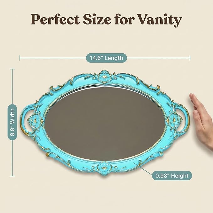 Oval Vintage Decorative Mirror Tray, Jewelry Dresser Organizer Tray, Cosmetics Makeup Storage Organizer, Serving Tray (9.8”x 14.6”) Blue