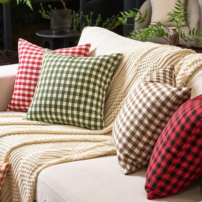Fall Brown Plaid Gingham Euro Pillow Sham Covers 26x26 Set of 2 for Couch | 26 x 26 Fall European Pillow Covers, Extra Large Pillow Cases, Decorative Pillow Cover for Bed, Cojines Decorativos Para Cama