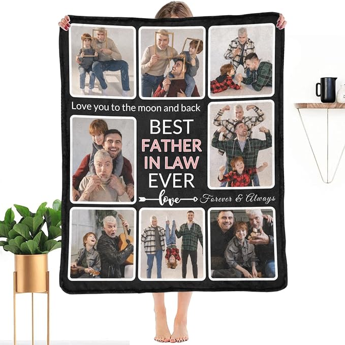 Custom Blanket with Photo, Make a Personalized Blankets with Picture, Customized Memories Souvenir Throws Gifts for Best Father-in-Law Ever, 8 Collage Made in USA