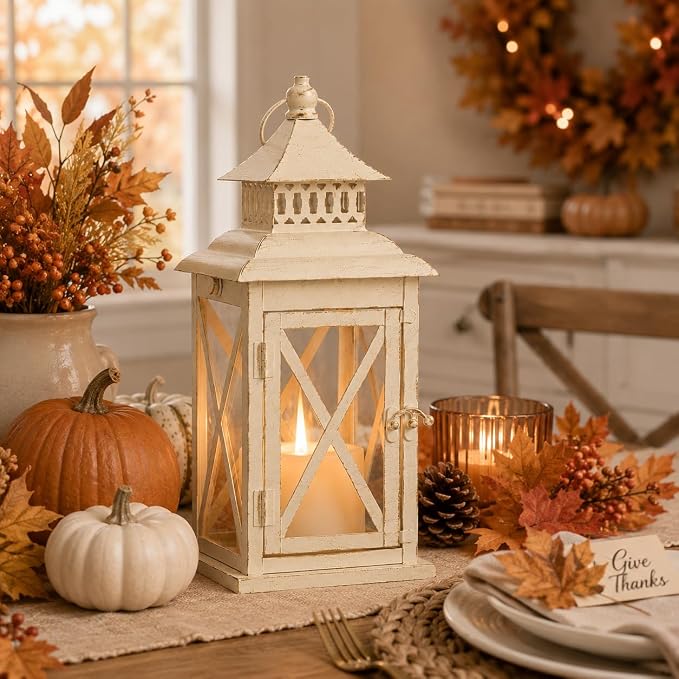 Lantern Decorative Indoor & Outdoor,Large Square Hanging Spring Home Decor, Vintage Metal Decorative Candle Lanterns for Outdoor Patio Wedding Party Beige with Copper Brush