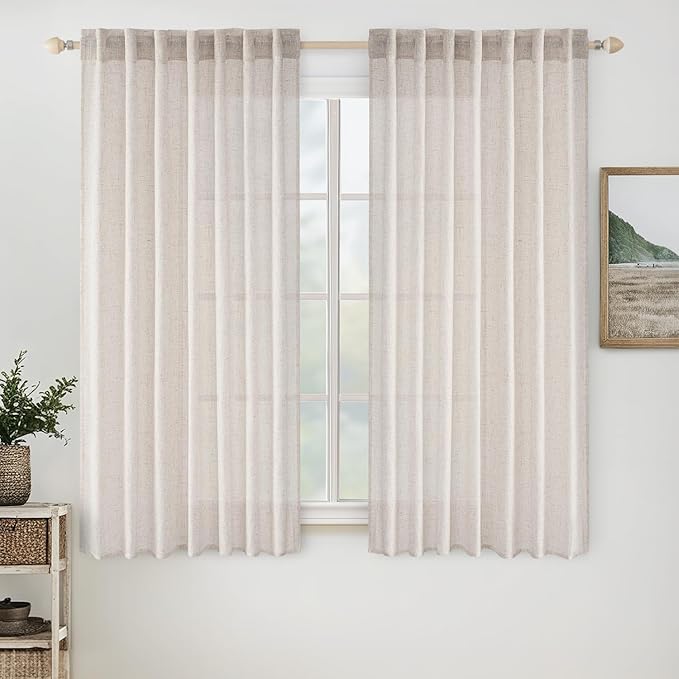 MIULEE White Short Linen Curtains 52x45 Inch Length 2 Panels for Kitchen | Bedroom Bathroom, Soft Thick Linen Textured Natural Basement Window Drapes, Semi Sheer Light Filtering, Back Tab Rod Pocket