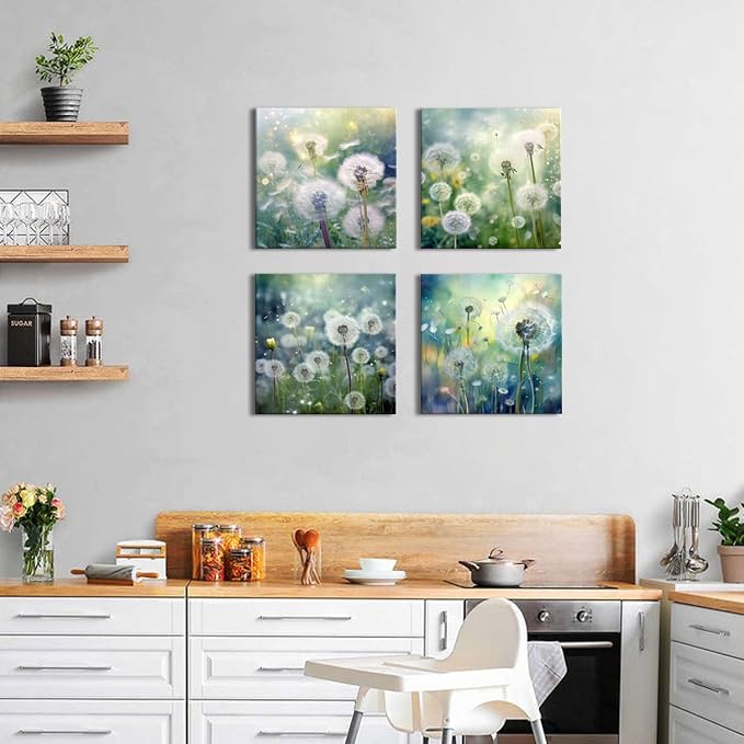 Teal Nature Dandelion Wall Art Bathroom Decor Colorful Modern Botanical Canvas Prints for Living Room Watercolor Dandelion Picture Country Flower Painting Bedroom Kitchen Home Decorations 20x20" 4 Pcs