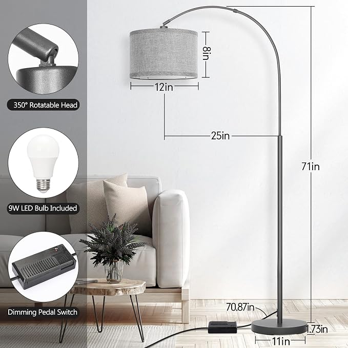 Arc Floor Lamp with Dimmer,Dimmable Floor Lamp with Gray Adjustable Shade