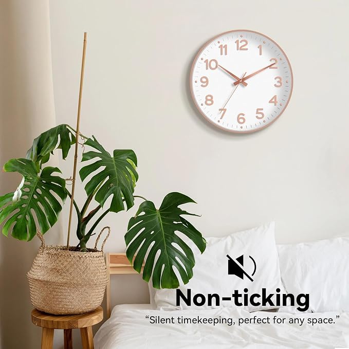 Roymnie 12 Inch Wall Clock Battery Operated Silent Non Ticking Analog | White Rose Gold modern analog; large 3D easy-read dial for kitchen, office, bathroom & bedroom; 1 AA battery (not included)