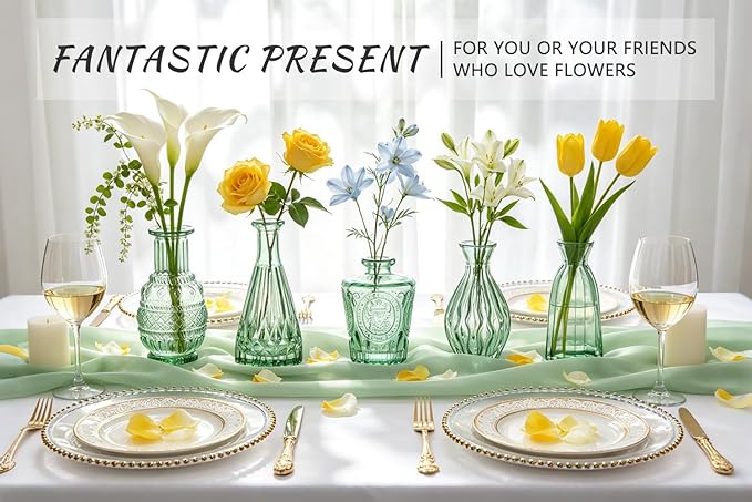 SUPMIND 6pcs Glass Bud Vase Bulk, Small Green Flower Vases for Centerpieces | Mini Vintage Vase Set of 6, Flower Vases Set for Table Centerpieces, Wedding, Home, Table Decoration