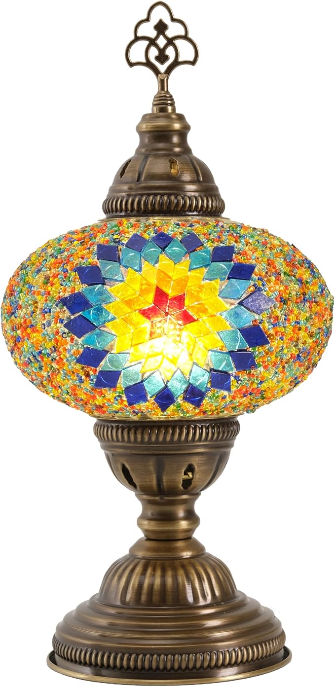 Turkish Mosaic Lamp with Bulb – Handmade Star Fire Stained Glass Table Light, Antique Bohemian Vintage Decor for Bedroom or Living Room, E12 Socket