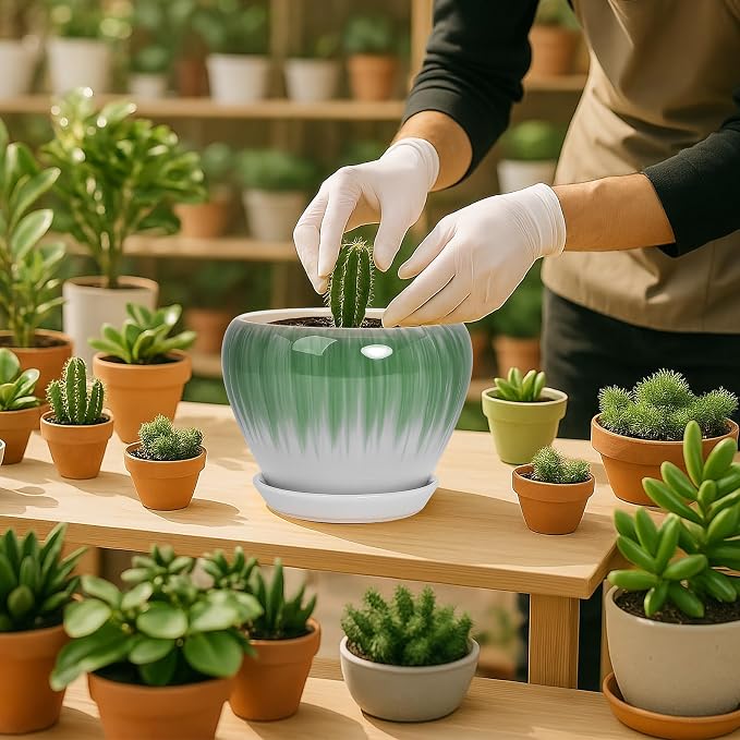 Deep Dream 6 Inch Plant Pots- Ceramic Planter Pot with Drainage Hole and Saucer, Round Flower Pot for Indoor Outdoor Succulent, Snake Plants and Cactus, White&Green