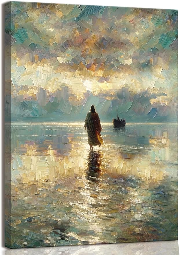 Framed Jesus Pictures for Wall God Canvas Wall Art Jesus Walking on Water Paintings print for Living Room Christian Art Decor Religious Posters Ready to Hang 12x16Inches