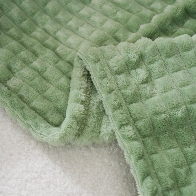 Puncuntex Fleece Throw Blanket Sage Green 50"×60" with Square Grid Design | Super Soft Plush Cozy Flannel Throw Blanket Luxury for Couch Sofa Chair