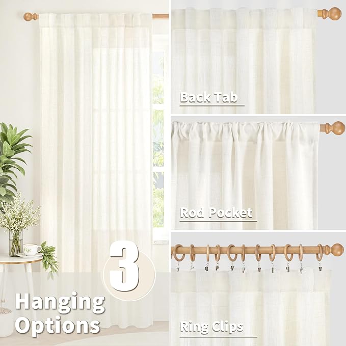 YoungsTex Extra Long Ivory Linen Curtains 95 Inch Length for Living Room, Light Filtering Drapes with Rod Pocket Back Tab Rustic Semi Sheer for Bedroom Window, 2 Panels, 52 X 95 Inch