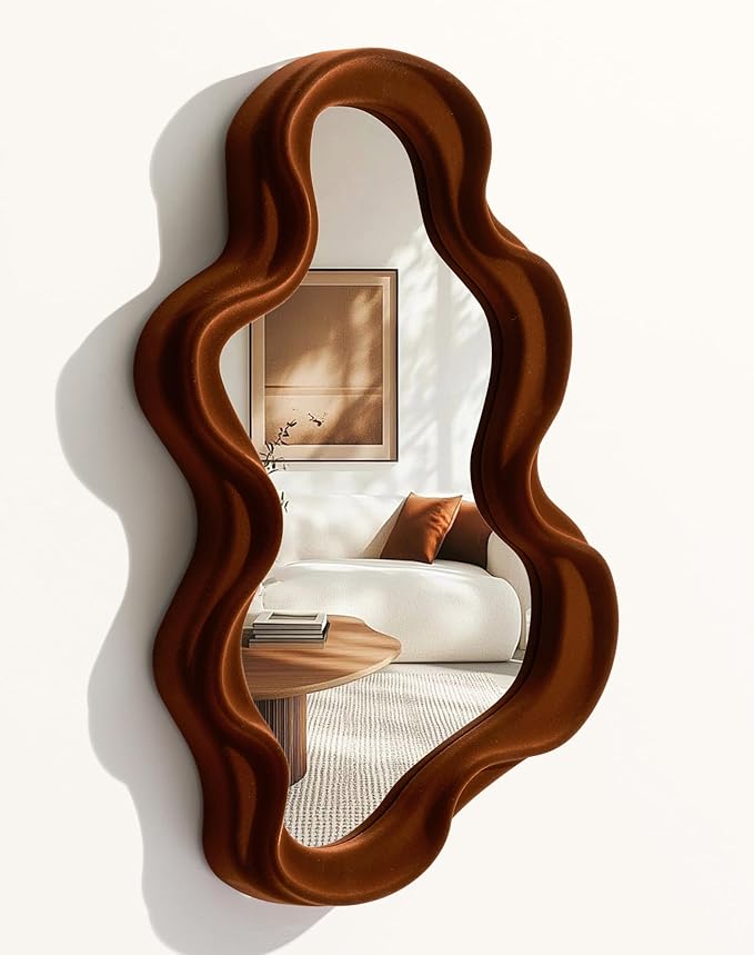 Retro Wavy Mirror Wall Decor for Living Room,Maroon Vintage Decor | 16x10",Soft Velvet-like Touch,Small Wall Mounted Mirror for Girl Bedroom,Decorative Tray Home Accent for Dining Room Kitchen