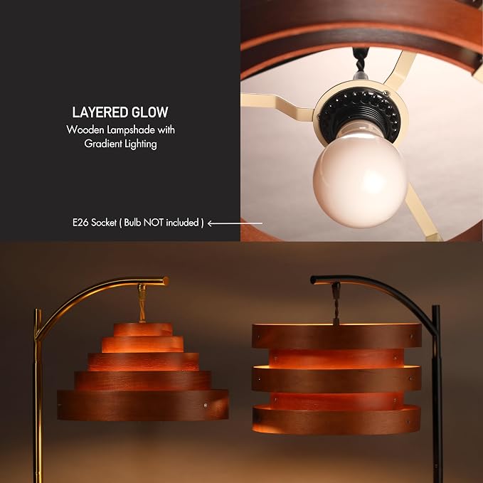 O’Bright Strata Wooden Floor Lamp - Mid Century Modern Standing Lamp with Layered Wood Shade, Tall Reading Lamp for Living Room, Bedroom, Office, Black, Dark Oak, Horizon Shade