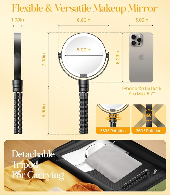 Gospire 5.85” Tripod Travel Makeup Mirror with Light and Magnification | 1X/10X, 4 In 1 Winding Hanging Handheld Tabletop, 3 Light Colors, Adjustable Brightness – Black
