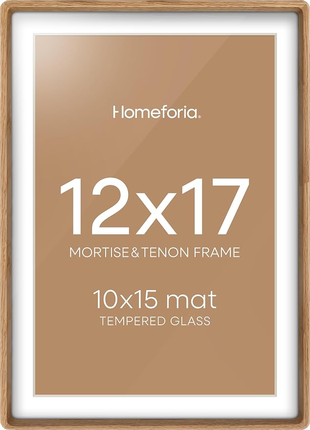 Homeforia 12x17 Mortise&Tenon Natural Oak Picture Frame, 10x15 Mat, Glass