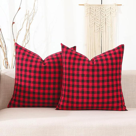 Red and Black Outdoor Christmas Gingham Plaid Pillow Covers 16x16 Set of 2 | Winter Christmas Plaid Decor Pillow Covers 16 x 16, Cotton Textured Fabric, Vintage Farmhouse Rustic Red Christmas Xmas Decor