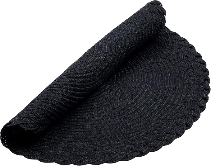 SHACOS Round Placemats Set of 4 Boho Braided Border 15 inch Circle Place Mats Washable Fabric Table Mats for Kitchen Dining Table, Black (Pack of 2)