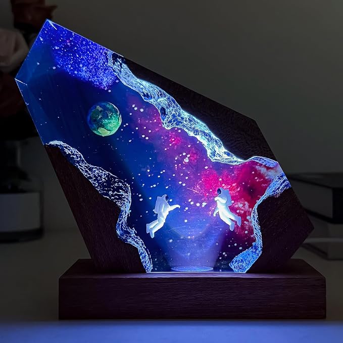 Handmade Galaxy Resin Lamp, 3D Cosmic Universe Lamp with Wooden Base