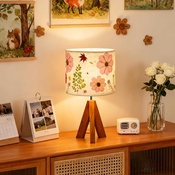 Dried Flowers Tripod Table Lamp 14.96in, 9W LED Dimmable Cute Bedside Lamp with Flowers Linen Lampshade for Nursery, Bedroom, Kid Room, Living Room, Light Brown Wooden Base