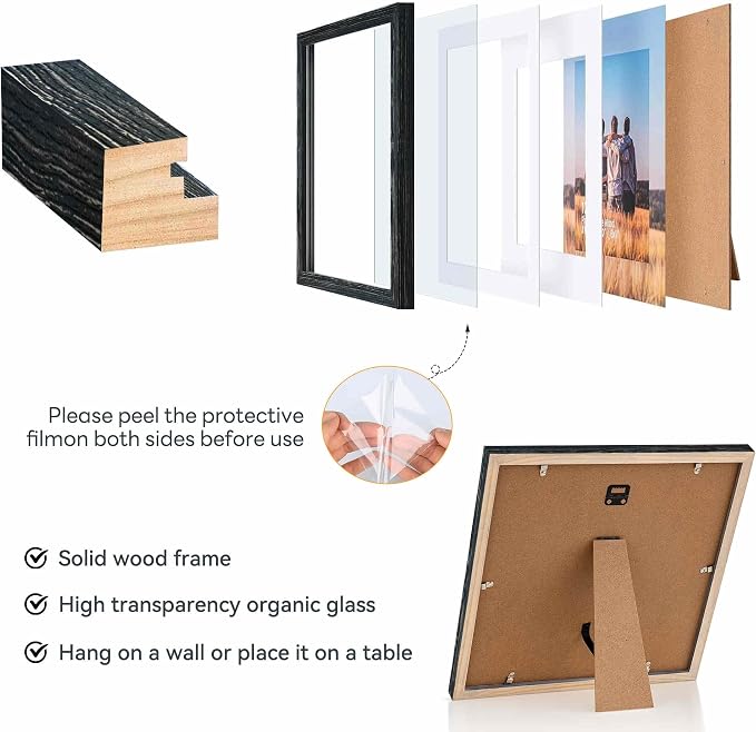 12x12 Picture Frame Set,Solid Wood,Not Glass,Display Pictures 8x8,10x10 with Mat or 12x12 Without Mat,Stable Sturdy Square Hanging Picture Frames for Wall Mounting or Tabletop (Black,12x12,Set of 2)