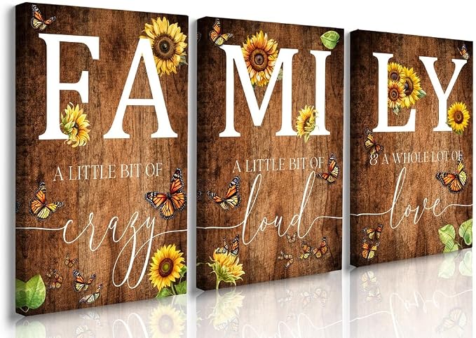 GUBIYU Farmhouse Family Wall Art Set of 3, Rustic Family Wall Decor for Living Room & Dining Room, Retro Brown Wood Wall Art with Butterfly & Sunflower Design, 24"x36"