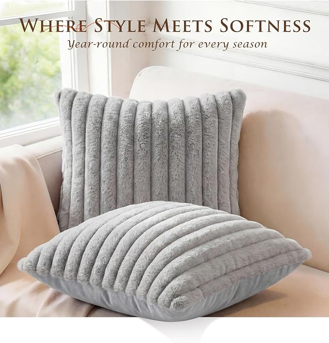Pack of 2 Throw Pillow Covers 18x18 Decorative Solid Plush Faux Fur with Soft Velvet Back, Square Striped Cushion Cases Modern Farmhouse Home Decor for Living Room Couch Sofa Bed Neutral Gray