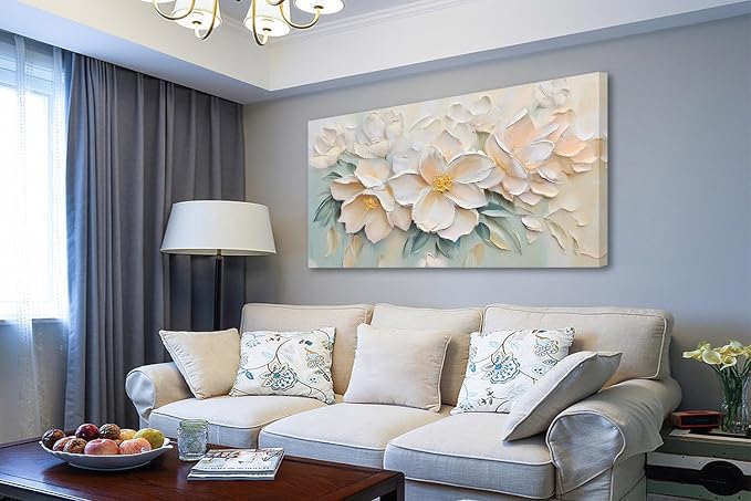 Anolyfi Large White Floral Canvas Wall Art for Living room Bedroom 58"x29" | HD Print and Hand-painted Textured, Easy to Hang, Durable Colorfast, Modern Flowers Sage Paintings for Hallway Home Decor