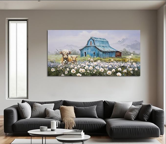 Anolyfi Farmhouse Highland Cow Canvas Wall Art for Living Room 58"x29" | HD Print, Waterproof Canvas, Easy to Hang, Durable and Colorfast, Country Barn Wall Decor for Bedroom Office Hallway Home