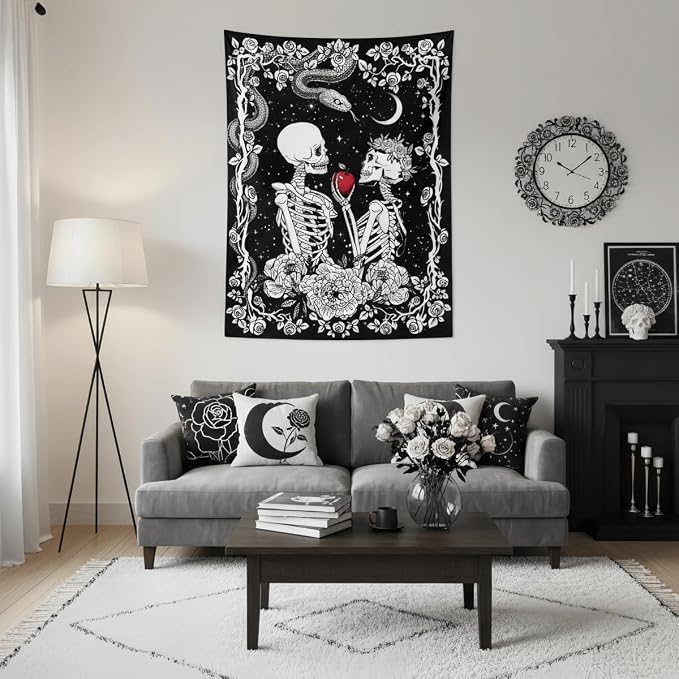 Accnicc Skeleton Lovers Tapestry Gothic Skull Vertical Tapestries Wall Hanging Black and White Floral Plant Snake Horror Small Tapestry for Bedroom Living Room Dorm 48 x 36 inch