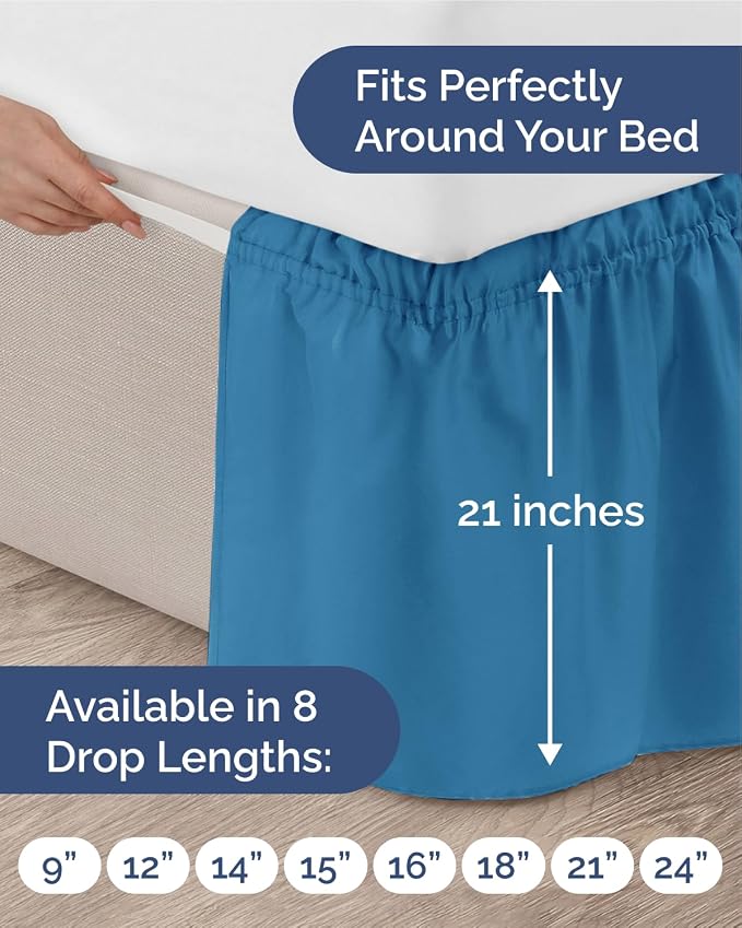 Wrap Around Dust Ruffle Bed Skirt, Full Size - 21 Inch Drop, Denim Blue | Easy Fit Elastic Strap, Adjustable Pleated Bedskirt w/Brushed Fabric, Wrinkle & Fade Free, for Women, Men, Kids & Teens