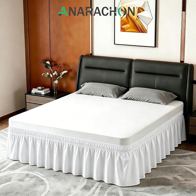 ANARACHON Twin Bed Skirt, Elastic Wrap Around Bed Skirt Twin Size, Bed Skirts for Adjustable Bed, Easy Fit with 14" Drop Length Tailored Drop Dust Ruffle (White)