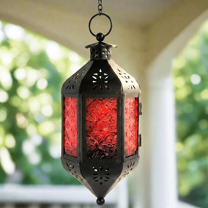 Vela Lanterns Hanging Moroccan Lamp - Exotic Decorative Patio & Porch Decor, Indoor Outdoor Tea Light Candle Lantern Holder with Chain (11" Medium, Red Glass)