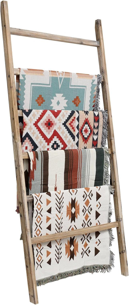 FUIN Blanket Ladder, 38in Extra Wide Wooden Rustic Decor Rack, Burnt Brown | 6.4 ft high solid wood, farmhouse quilt display ladders, organize blankets, leaning wall, bathroom and living room use