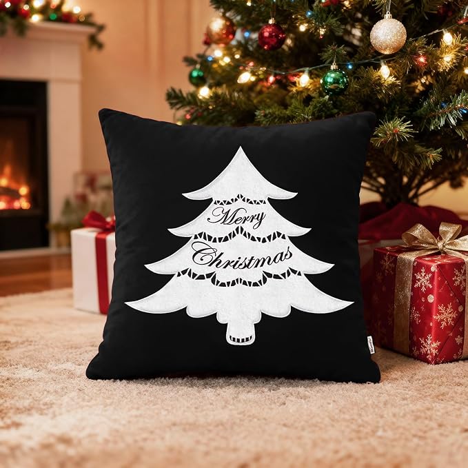 BRAWARM Christmas Pillow Cover 20 X 20 Inches, Black Christmas Tree Embroidered Pillow Cover, Soft Velvet Decorative Throw Pillow for Couch Bed Sofa Living Room Home
