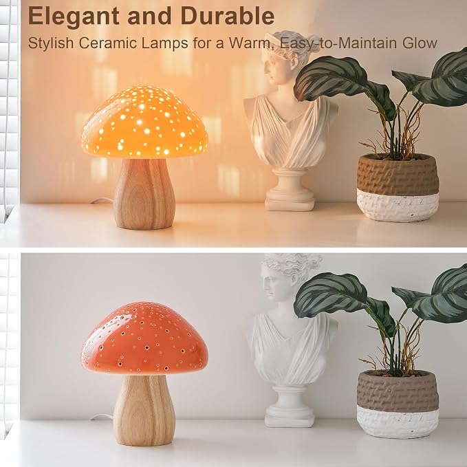 BOHON Mushroom Lamp Ceramic Bedside Table Lamp for Bedroom Orange