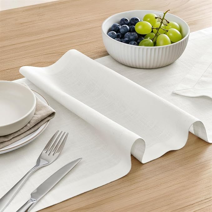100% Natural Cotton Linen Table Runner, 14x90in Natural White | 75% Linen 25% Cotton, Soft Breathable, Mitered Stitched Corner, Textured Farmhouse Table Runner, Rustic Home Kitchen Decor