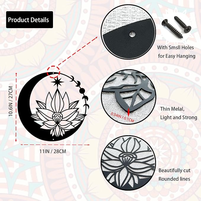 Metal Moon Art Wall Decor,Boho Star Phase Sign Decoration-Lotus | Flower Hanging Sculpture| Witch |Gothic Theme|Floral Silhouettes|Bedroom Living Room Home |Halloween Gifts|Black11in