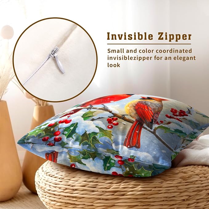 Winter Red Bird Throw Pillow Cover Set of 2 24x24 Inch Winter Christmas Pillowcase Nature Birds Scene Cushion Covers Farmhouse Pillow Protector for Home Bedroom Sofa