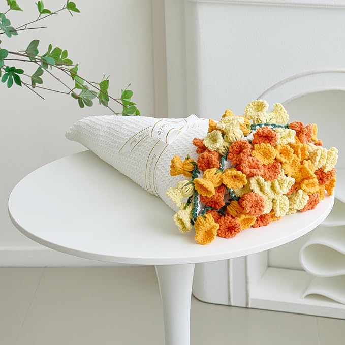 Crochet Flower Bouquet Throw Blanket, Handmade Knitted Blanket with Flowers, Cute Romantic Gift for Her Girlfriend Mom Mother’s Day Valentine Wedding Anniversary Birthday, Orange 60 Inches